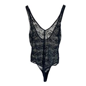 Aritzia Wilfred Black Floral Lace Bodysuit Sheer V-Neck Thong Chic - Size Medium